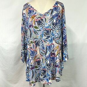C&C CALIFORNIA 100% Linen Jersey V Neck Tropical Leaf Print Tunic Womens Plus 3x